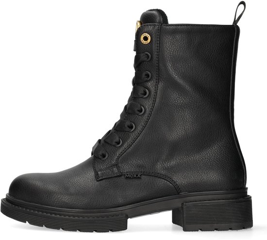 Zwarte leren veterlaars met grove zool, gouden accenten en Mexx logo.