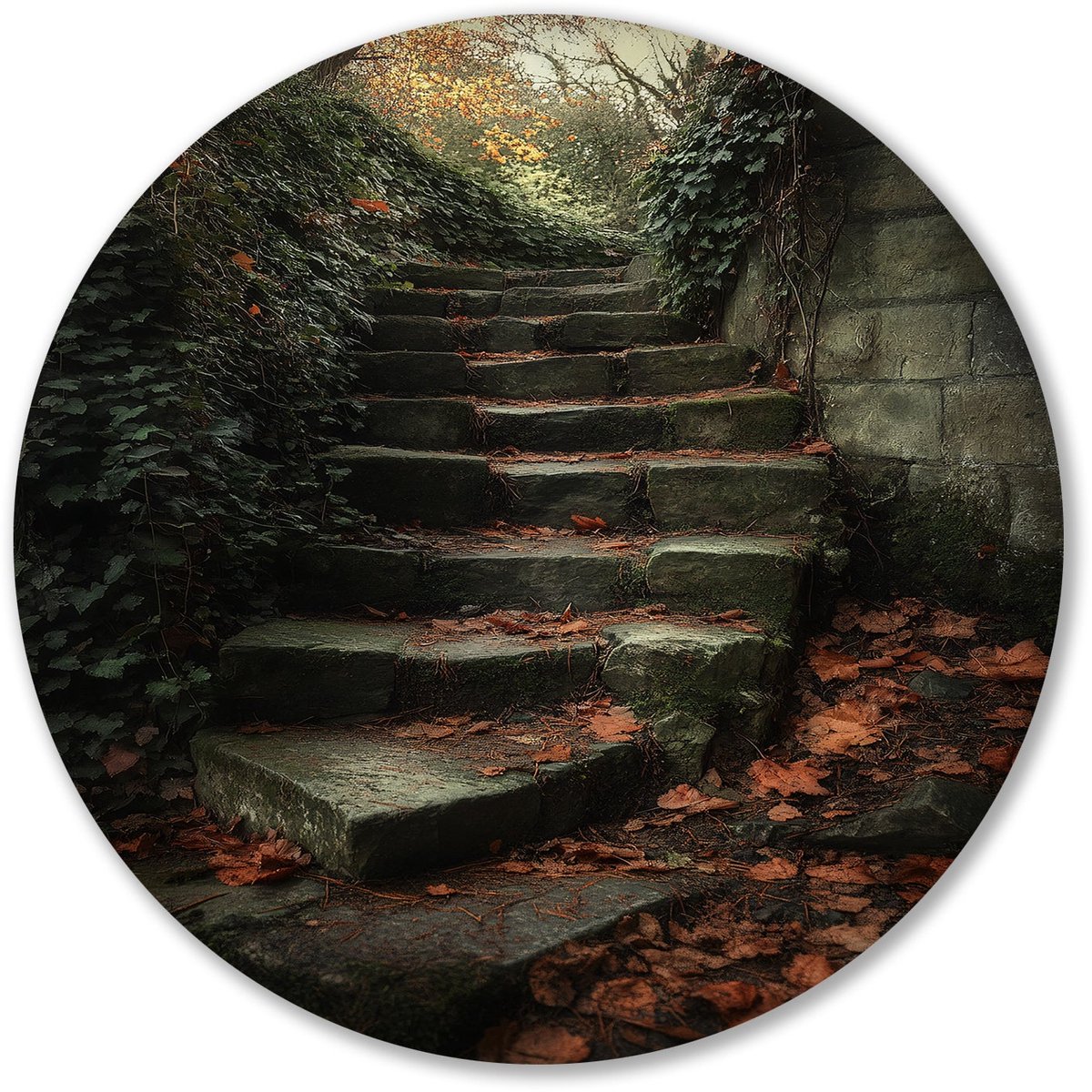 Oude stenen trap in herfst - Trappen rond schilderij - Ronde wanddecoratie architectuur -