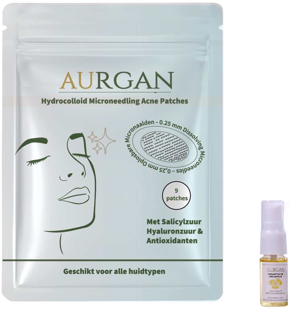 Aurgan – Microneedling Acne Patches - Micro Needle & Hydrocolloid - 9 Patches - hyarulonzuur acne pimple darts - met salicylzuur - kalmerend - Inclusief 10ml Arganolie voor naverzorging - microneedle