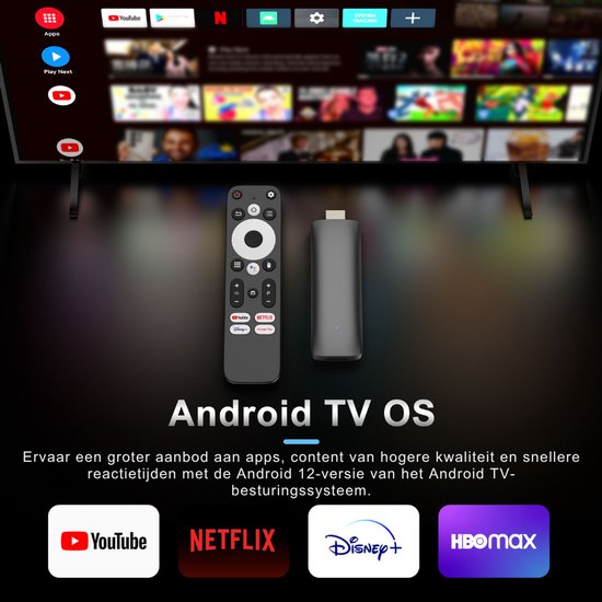 TV toont Android TV OS met app-icoon voor YouTube, Netflix, Disney+ en HBO Max. Zwarte TV Stick en afstandsbediening liggen ervoor.