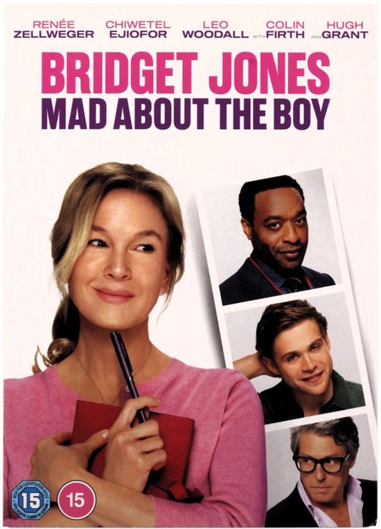 Voorkant DVD-hoes van Bridget Jones: Mad About the Boy met Renée Zellweger, die een roze trui draagt, en portretten van Colin Firth, Hugh Grant en Chiwetel Ejiofor.