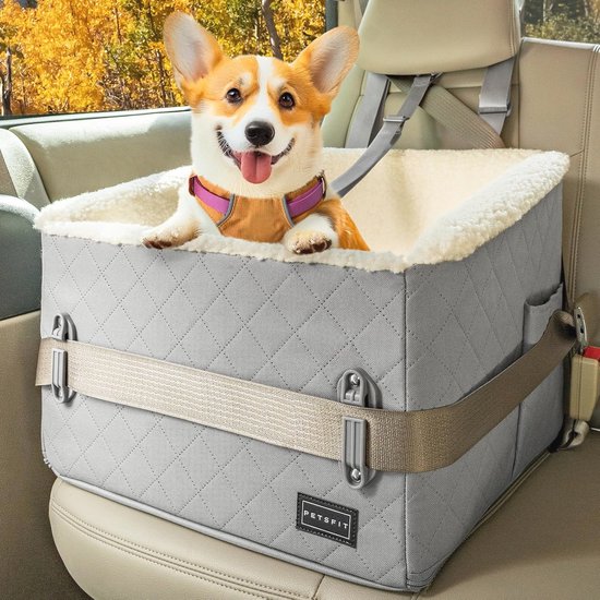 PETSFIT Hondenmand Auto | Verhoogd autostoel 12,5 cm | Veilig transport voor honden en katten auto | Gepatenteerde gespen | Geschikt voor kleine dieren ≤ 12 kg, lichtgrijs