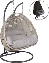 Hangstoel Dubai met Weerhoes - Grijs frame - Grijs Basket - met Luxe Kussen - 146*70*124 - Luxe 2 persoons schommelstoel