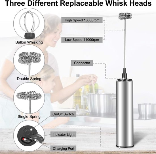 Melkopschuimer Elektrisch - 3 Eenvoudig Te Vervangen Opzetstukken - Melkopschuimers - Melkopschuimer Handmatig - Melkklopper - Melk Opschuimer - Schuimklopper Koffie - Koffieschuimer