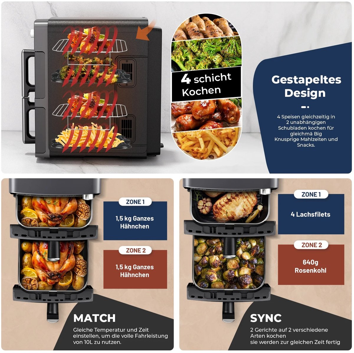 Afbeelding 3 van Mila Shop Dubbele airfryer - Kookt 4 voedingsmiddelen tegelijk - Ruimtebesparend ontwerp - 2600W - 44.7 x 44.5 x 24cm