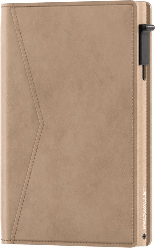 Prowallet Slim – Porte-cartes RFID - Beige – Portefeuille compact pour 8 cartes et billets – Porte-cartes coulissant en aluminium et simili cuir – Coffret cadeau de luxe – Homme & Femme