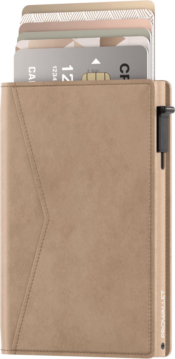 Prowallet Slim - Beige - Pasjeshouder voor 8 pasjes en briefgeld - Uitschuifbaar - RFID Creditcardhouder - Kaarthouder Portemonnee, Premium Pashouder voor Mannen & Vrouwen - Aluminium, Kunstleer - Incl. Luxe Cadeaubox