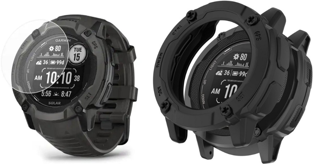 Strap-it Rugged TPU Case (Zwart) + Screenprotector - Geschikt voor Garmin Instinct 2X - Schokbestendige hoes - Krasbestendige schermbeschermer - 360° volledige bescherming - Bundel