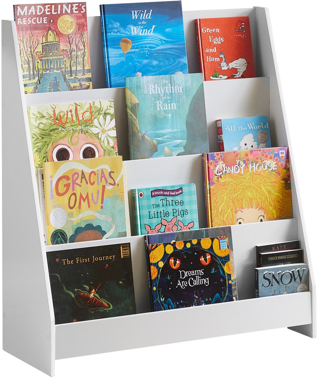 SoBuy Kinderboekenkast KMB32-W - Boekenrek voor Kinderen met 4 Opbergvakken - Opbergrek Krantenrek - Wit 80x88x30 cm