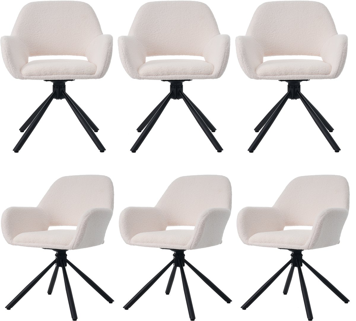 Merax Lamswollen stofeetkamerstoelen - set van 6 met armleuningen - modern minimalistisch - eetkamerstoelen - lounge draaistoel - wit