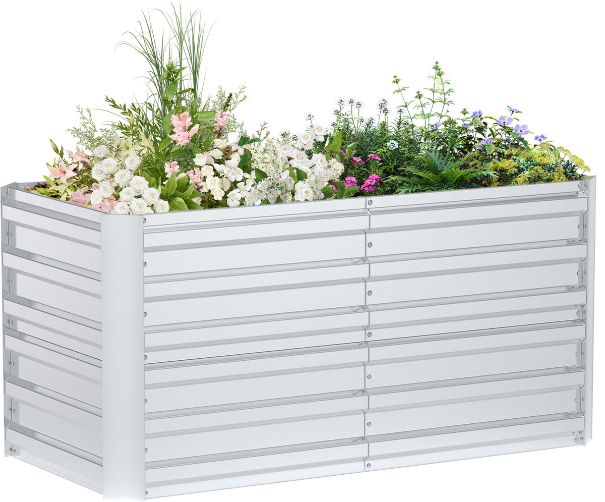 NAIZY Verhoogde Bak Gegalvaniseerd Staal 120x60x58cm Moestuinbak bloembak grote plantenbak voor buiten koude bak tuinbed Rechthoekig voor tuinbalkon, Zilver