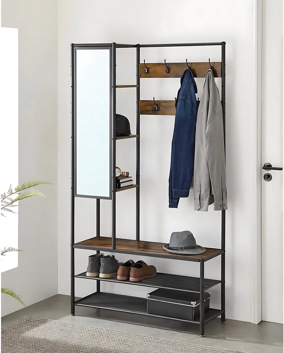 SureDeal® - Garderobekast met Spiegel - Bank -Schoenenrek - 98x35x182 cm - Hout -Staal - Industrieel Design