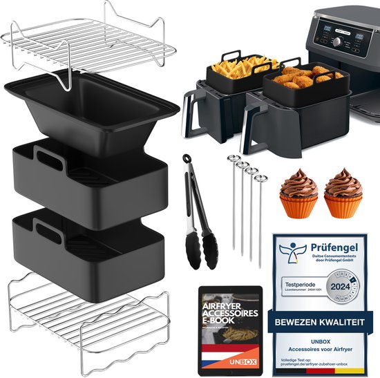 UNBOX Dubbele Airfryer Accessoires Set - Geschikt voor Dual Airfryers - Ninja Foodi AF400 AF300 AF451 - Dubbele Airfryer - Inclusief Airfryer Siliconen Bakje & E-Book