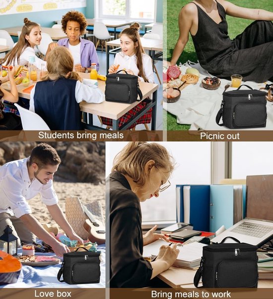 Geïsoleerde lunchtas van 10 liter, grote, lekvrije lunchbox, geschikt voor mannen, vrouwen en volwassenen, met verstelbare schouderriem, ideaal voor werk, strand, picknick, kamperen en andere gelegenheden (zwart) van Merkloos — afbeelding 2