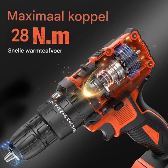 21V accuboormachine met 2 accu's 2,0 Ah, 28 Nm accuboormachine, 25+3