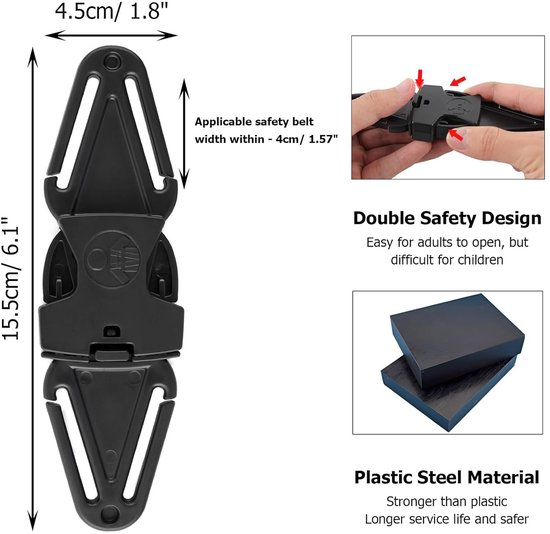 2 stuks - autostoel gordelclip - gordelbeschemer - veiligheidssluiting met anti-ontsnappingsmechanisme - verstelbare vaste clip voor autostoel - ABS-materiaal - voor gebruik op autostoelen, kinderwagens, kinderstoelen, schooltassen - zwart — afbeelding 2