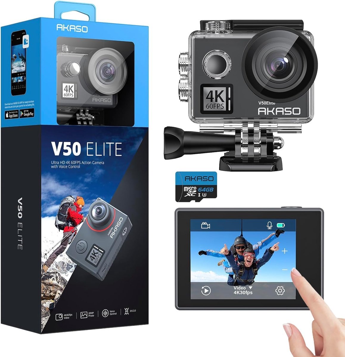 AKASO V50 Elite Action Camera 4K 60FPS – WiFi – 40m Waterdicht – Touchscreen – 8× Zoom – Spraakbesturing – Afstandsbediening – Onderwatercamera Inclusief Accessoireset & 64GB SD-Kaart