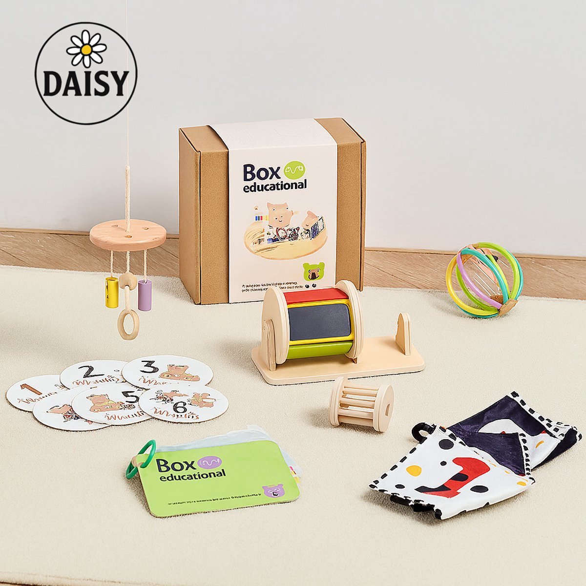 DAISY® – Montessori Baby Speelgoed Box - 0-6 maanden - Educatieve Speelgoedset – Houten speelgoed – kleuren en vormen – educatief en duurzaam – Motoriek montessori speelgoed.
