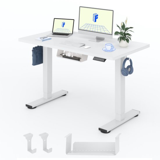 FlexiSpot Elektrisch Verstelbaar Bureau met Lade, Kabelbeheer en 4 Geheugenstanden – Wit – 100 x 60 cm – Zit-Sta Bureau