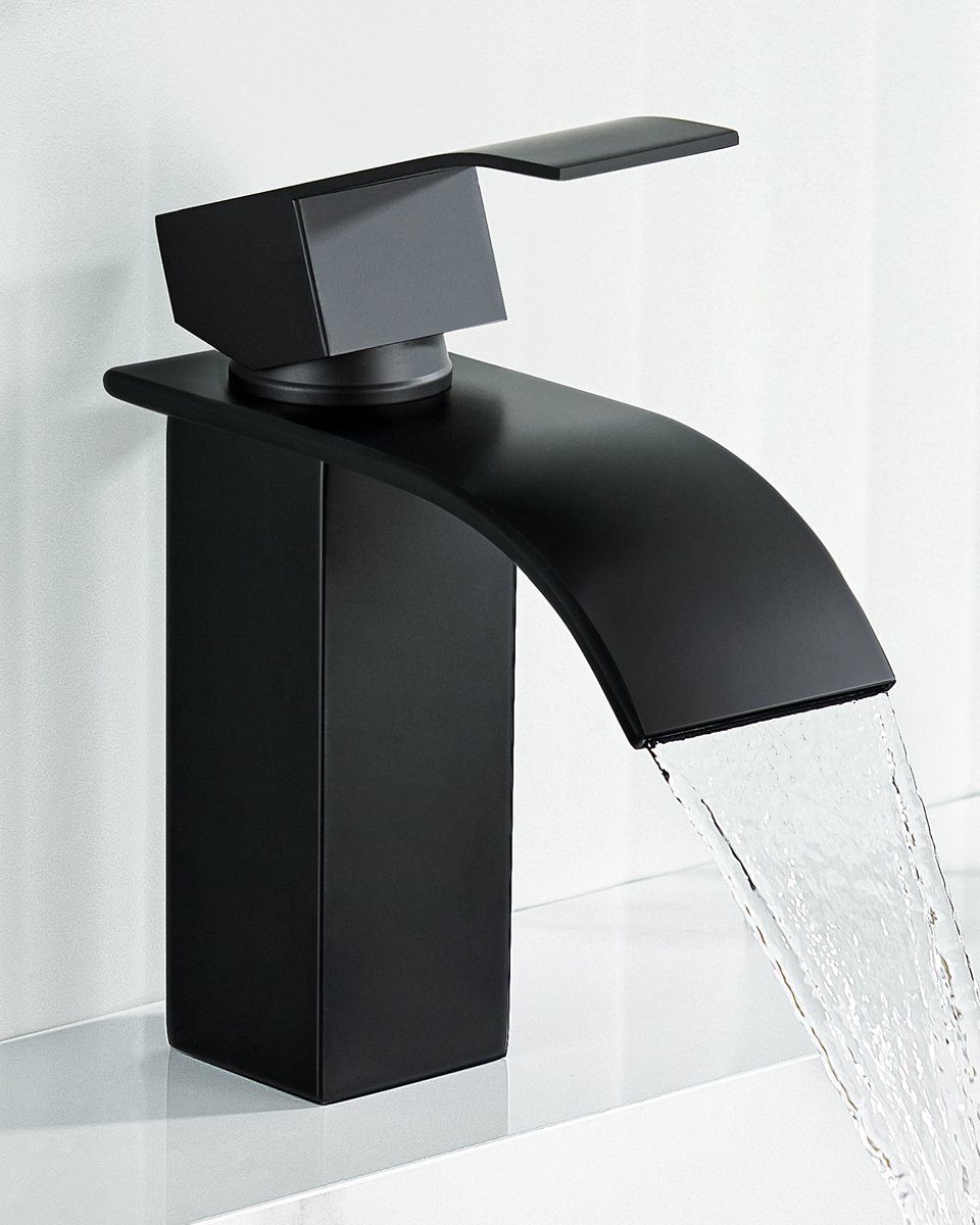 ANYCEE MAX Zwarte Cascade wastafelkraan Zwarte Messing Wastafelmengkraan voor warm/koud water Badkamerkraan met tuit Hoogte 85MM
