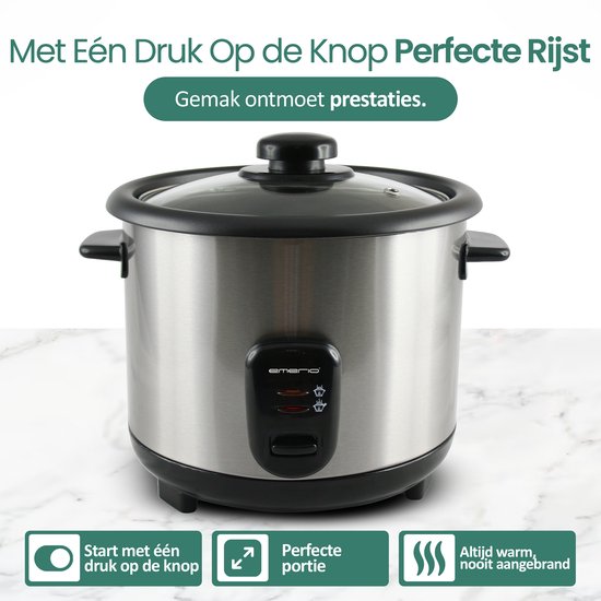RVS rijstkoker met glazen deksel en zwarte handvatten, met icoontjes voor 'Start met één druk op de knop', 'Perfecte portie' en 'Altijd warm, nooit aangebrand'.