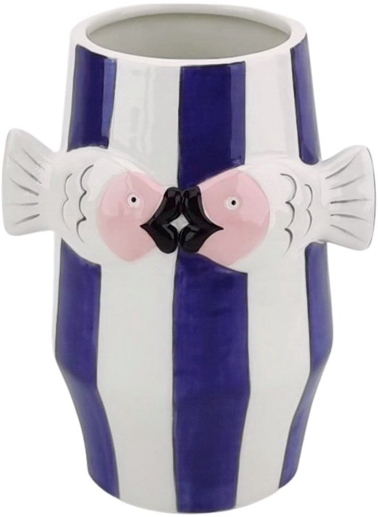 Vase Housevitamin - Vase à fleurs Pêche- Dolomite - Blauw/ Wit/ Rose - 14x11,5x18,5cm