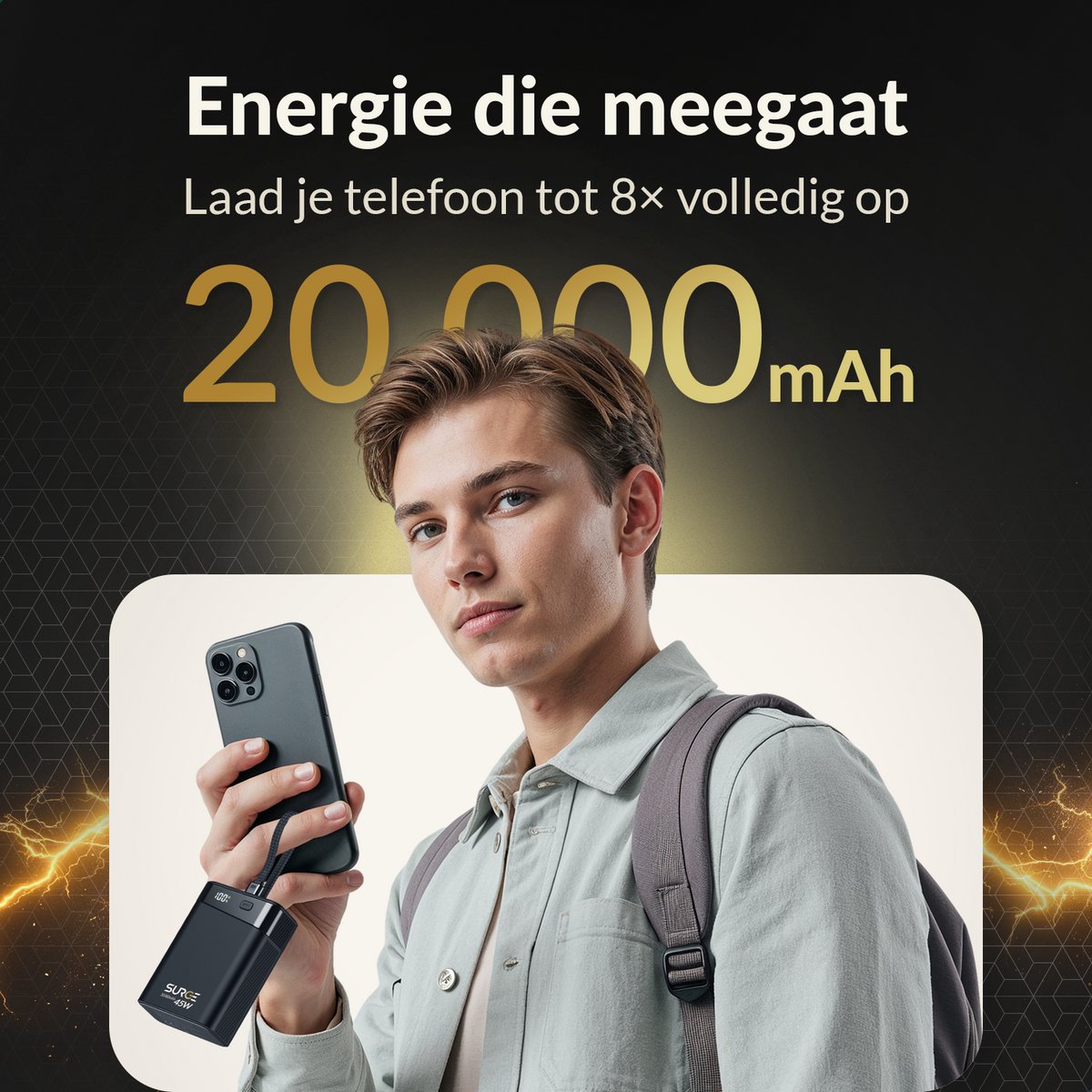 Surge Powerbank 20.000 mAh - 45W snellader met ingebouwde USB-C kabel en USB-C + USB-A Poort - Geschikt voor Telefoon, Tablet en Laptop — afbeelding 6