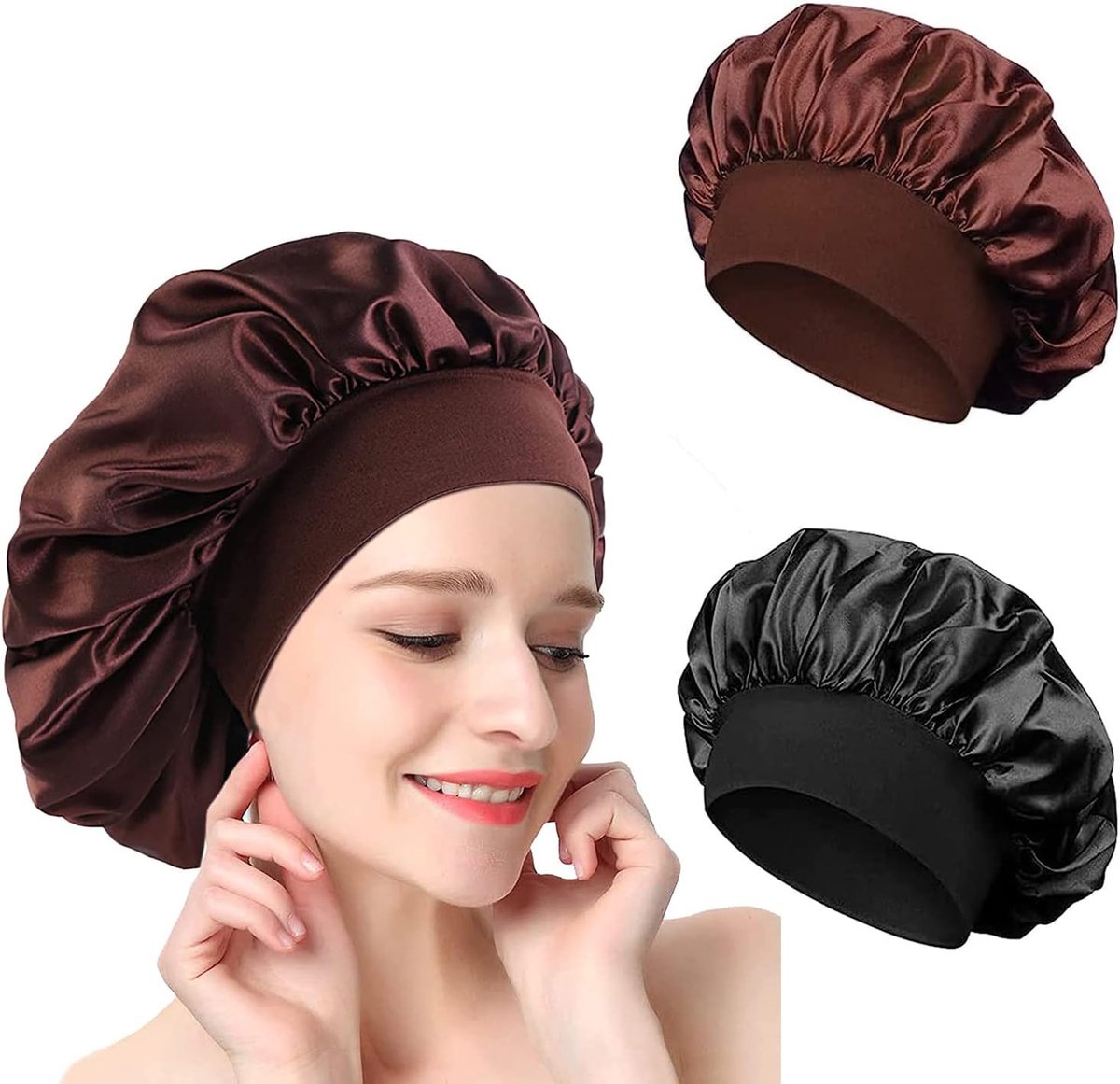 2 stuks - Satijnen slaapmutsen in zwart en donkerbruin - Ademend en elastisch haarkapje voor dames - Anti-pluis en antistatisch - Comfortabele hoofdbedekking voor slapen, bad of beautyverzorging