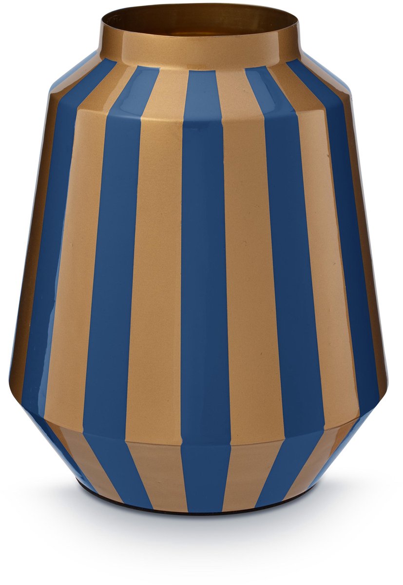 Pip Studio Vaas Stripes - Bloemenvaas van Metaal - Blauw/ Goud - 24x29cm Donkerblauw