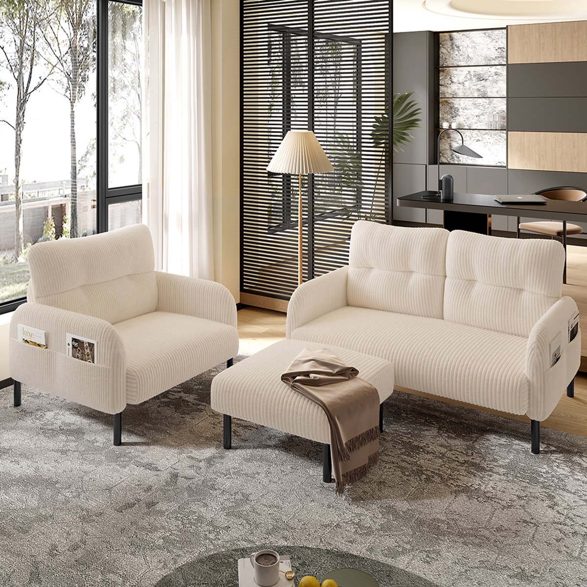 Pugsdrly 3-delige set in corduroy: fauteuil + kruk + 2-zitsbank met zijvak Frame van stale
