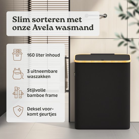 De zwarte Avela wasmand met bamboe frame, deksel, 160 liter inhoud en 3 uitneembare waszakken.