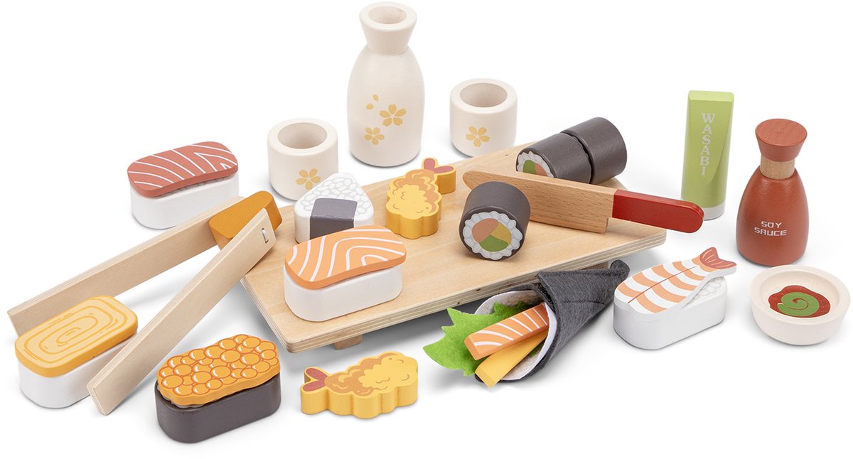 Woet® Houten Sushi Speelset - 30-delig Japans Rollenspel Speelgoed - Inclusief Stokjes, Sojasaus en Serveerplank - FSC Speelgoedeten - Educatief Keukenspeelgoed - Vanaf 3 Jaar — afbeelding 4