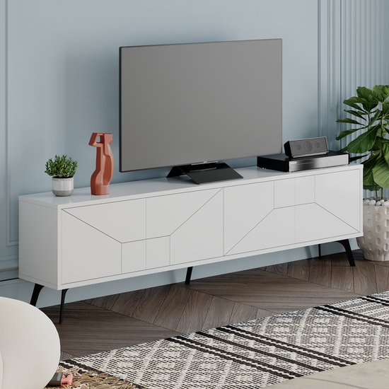 Meuble TV moderne HOCUS PICUS à 4 Portes – Grand meuble TV avec rangement – ​​Buffet TV en bois pour salon, chambre, bureau ou salle de séjour – 180 x 29,6 x 50 cm – Wit