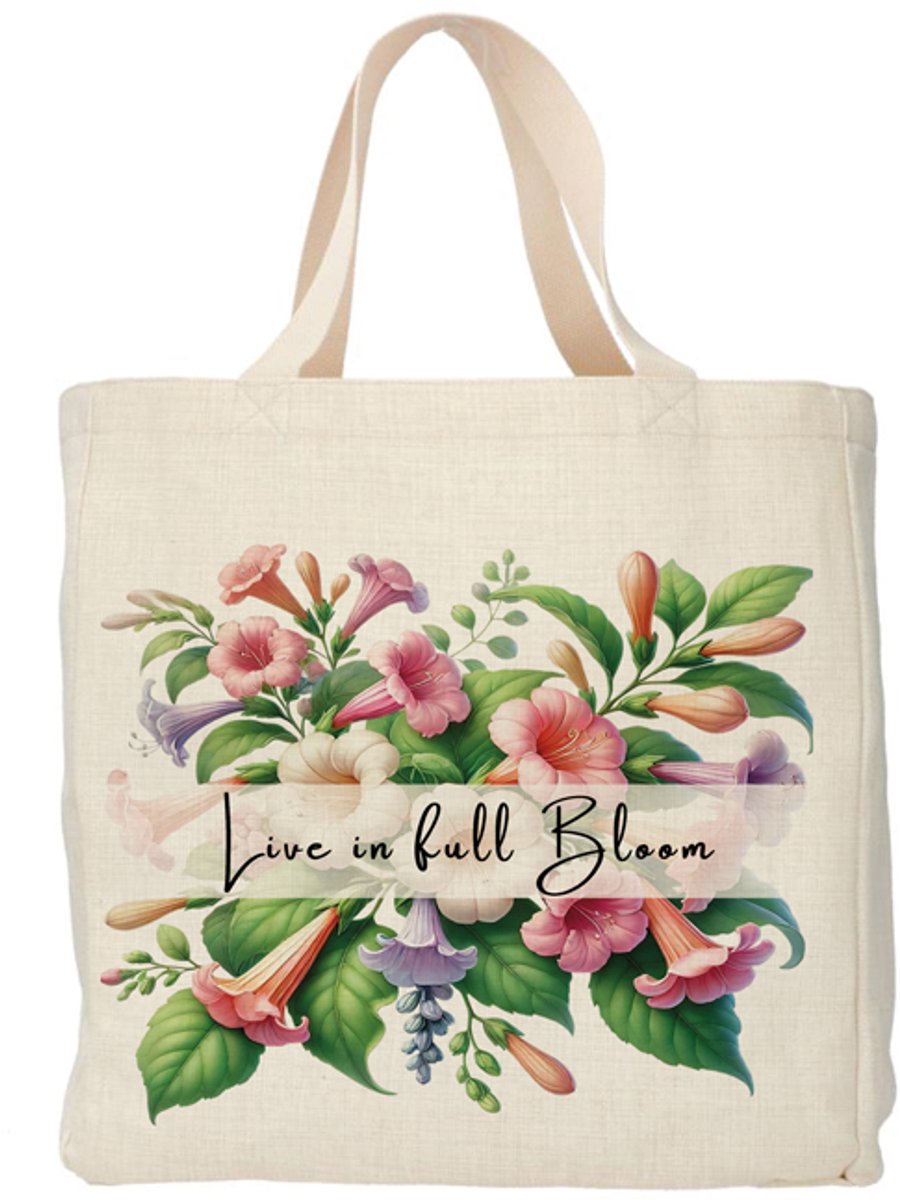 Shopper - Totebag - Boodschappentas | Bloemen - Live in full Bloom | Duurzaam - Linnenlook - 48x38cm