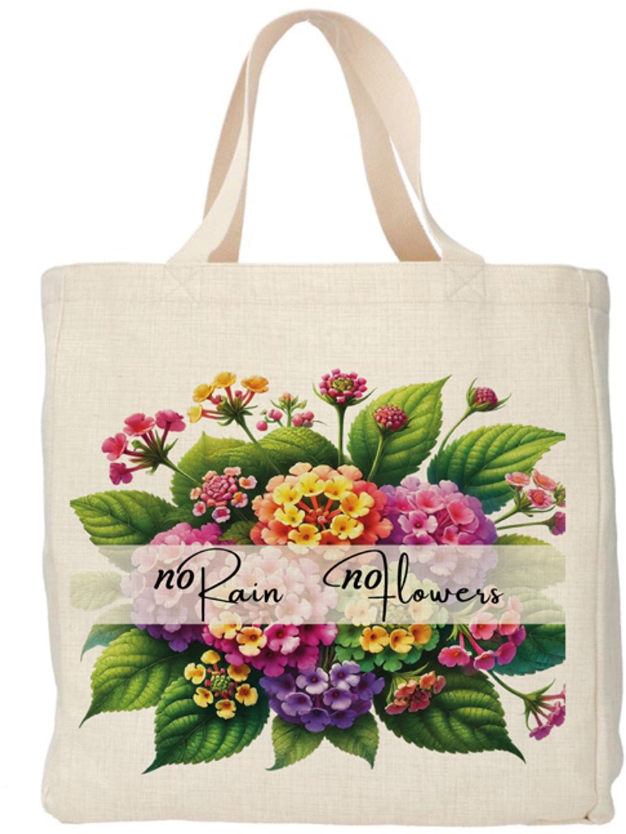 Shopper - Totebag - Boodschappentas | Bloemen - no Rain no Flowers | Duurzaam - Linnenlook - 48x38cm