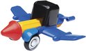 Blauw en geel vliegtuig speelgoed met rode neus, zwarte cockpit en wielen.