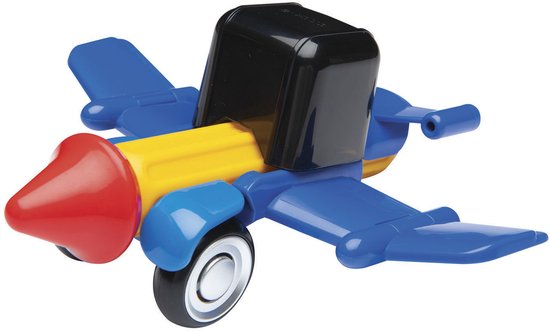 Blauw en geel vliegtuig speelgoed met rode neus, zwarte cockpit en wielen.