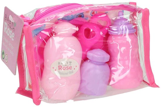 Transparant tasje met roze randen, roze rits en hengsel, met daarin roze en paarse flesjes en potjes.