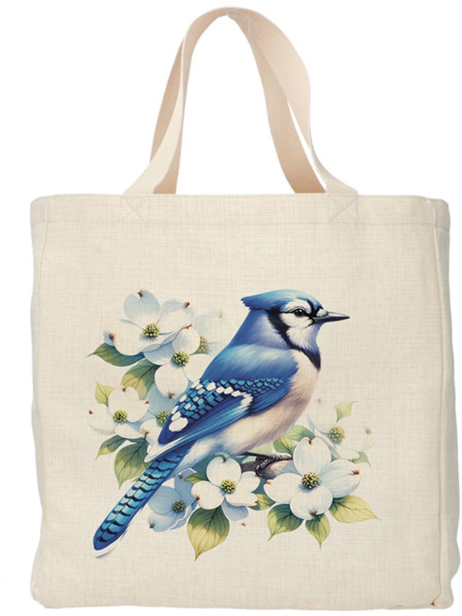 Shopper - Totebag - Boodschappentas | Blauwe gaai - Bloesem | Duurzaam - Linnenlook - 48x38cm