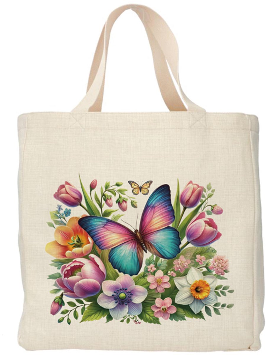 Shopper - Totebag - Boodschappentas | Bloemen - Vlinder | Duurzaam - Linnenlook - 48x38cm