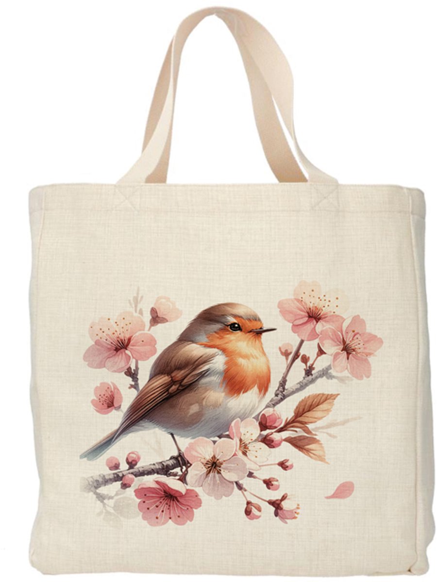 Shopper - Totebag - Boodschappentas | Roodborstje - Kersen bloesem | Duurzaam - Linnenlook - 48x38cm