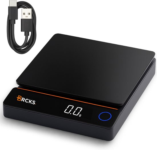 Balance de cuisine de précision BRCKS - Précision 0- Rechargeable par USB - Jusqu'à 5 kg - Fonction tare - Affichage LED numérique - Zwart / Oranje
