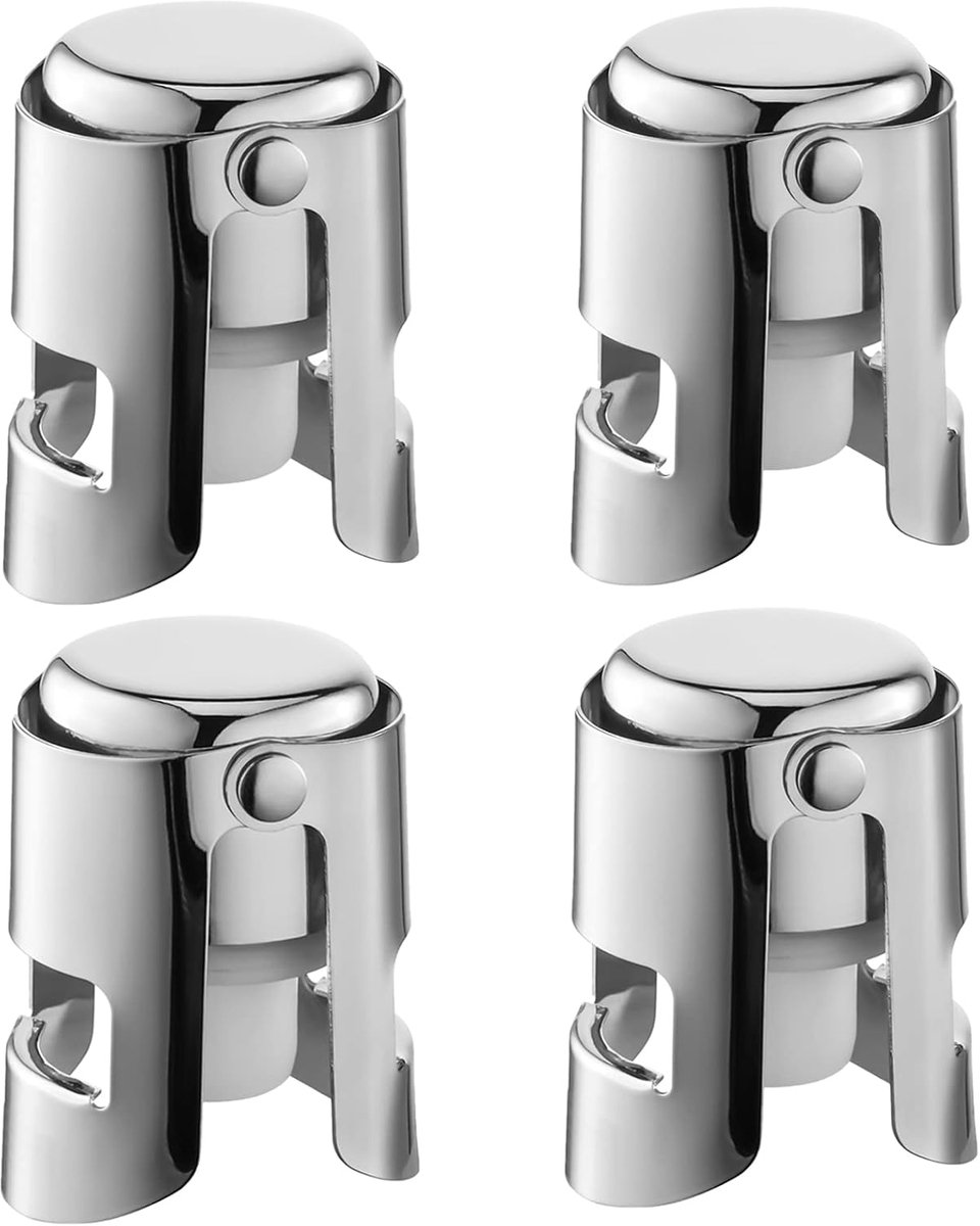 Champagnestopper - RVS - herbruikbaar - roestvrijstalen wijnstopper - lekvrije vershouddop van siliconen van voedingskwaliteit - champagnestopper met ingebouwde afsluitplug - zilver - 4 stuks