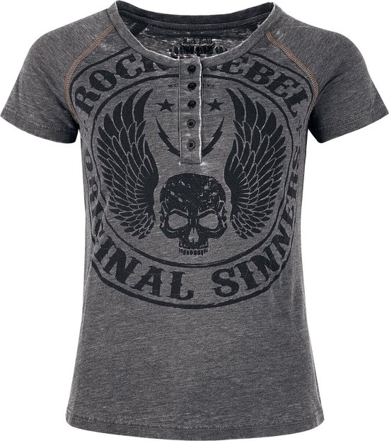 Dames T-shirt, grijs, met grote ronde print op de voorkant: gevleugelde schedel, sterren en tekst 'Rock Rebel - Original Sinners'.