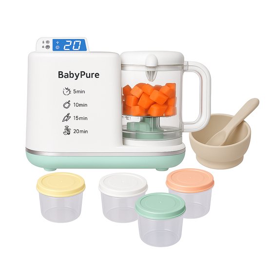Foto: Babyblend 6 in 1 baby foodprocessor stomer blender opwarmen warm houden steriliseren ontkalken inclusief 4 potjes bordje lepel maatbeker 50 recepten