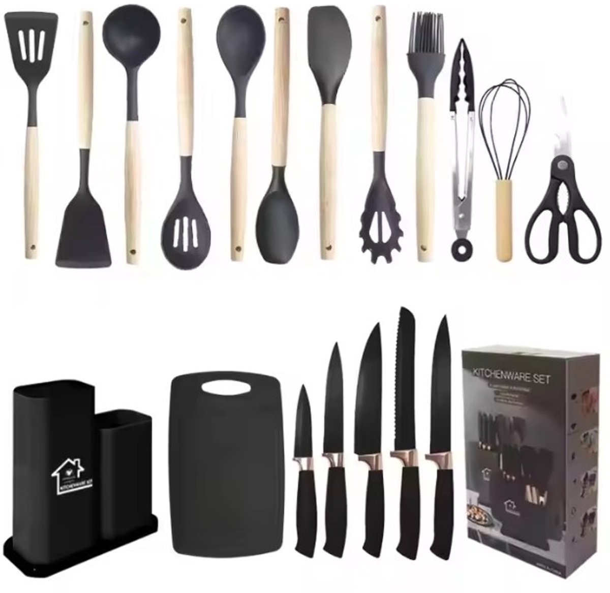 Zwarte Siliconen Keukenset met Spatels – Licht & Flexibel – Ideaal voor Kleine Keukens, Starters of Camping – Inclusief Houder
