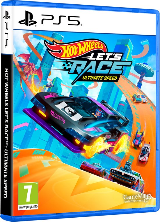 Playstation 5 speldoos met 'Hot Wheels Let's Race: Ultimate Speed!' logo. Een futuristische zwarte auto met paarse accenten en vlammen uit de uitlaat scheurt over een oranje racebaan.