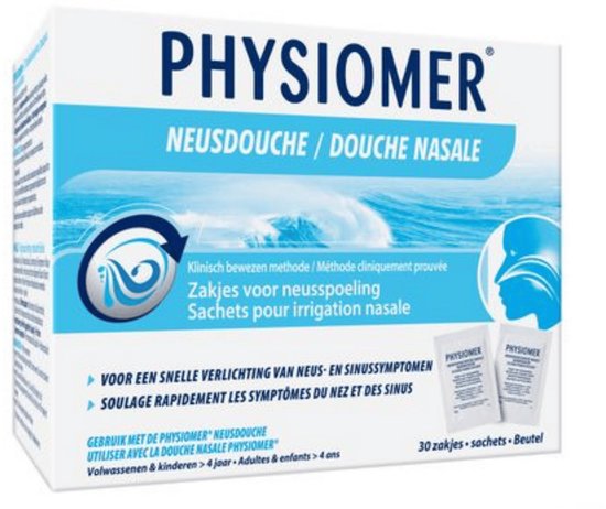 Verpakking van 30 zakjes zout voor neusspoeling, merk Physiomer.