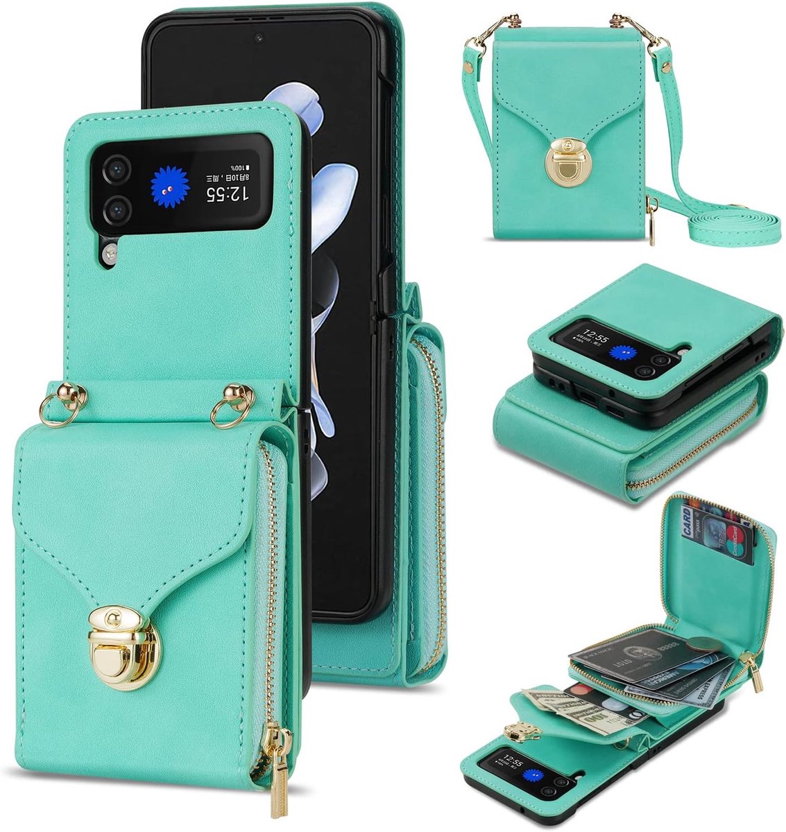 Zandarix Geschikt voor Samsung Galaxy Z Flip 7 - Schouderriem - Met kijkstandaard - Cameralensbescherming - Back Cover Hoesje - Groen