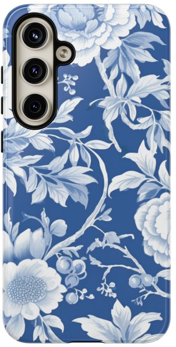 Blauw-Wit Bloemenpatroon – Telefoonhoesje Geschikt voor Samsung Galaxy S24 Plus